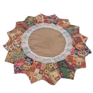 Vintage Handmade Quilted Fall Table Topper 32" Autumn Patchwork Lace Centerpiece